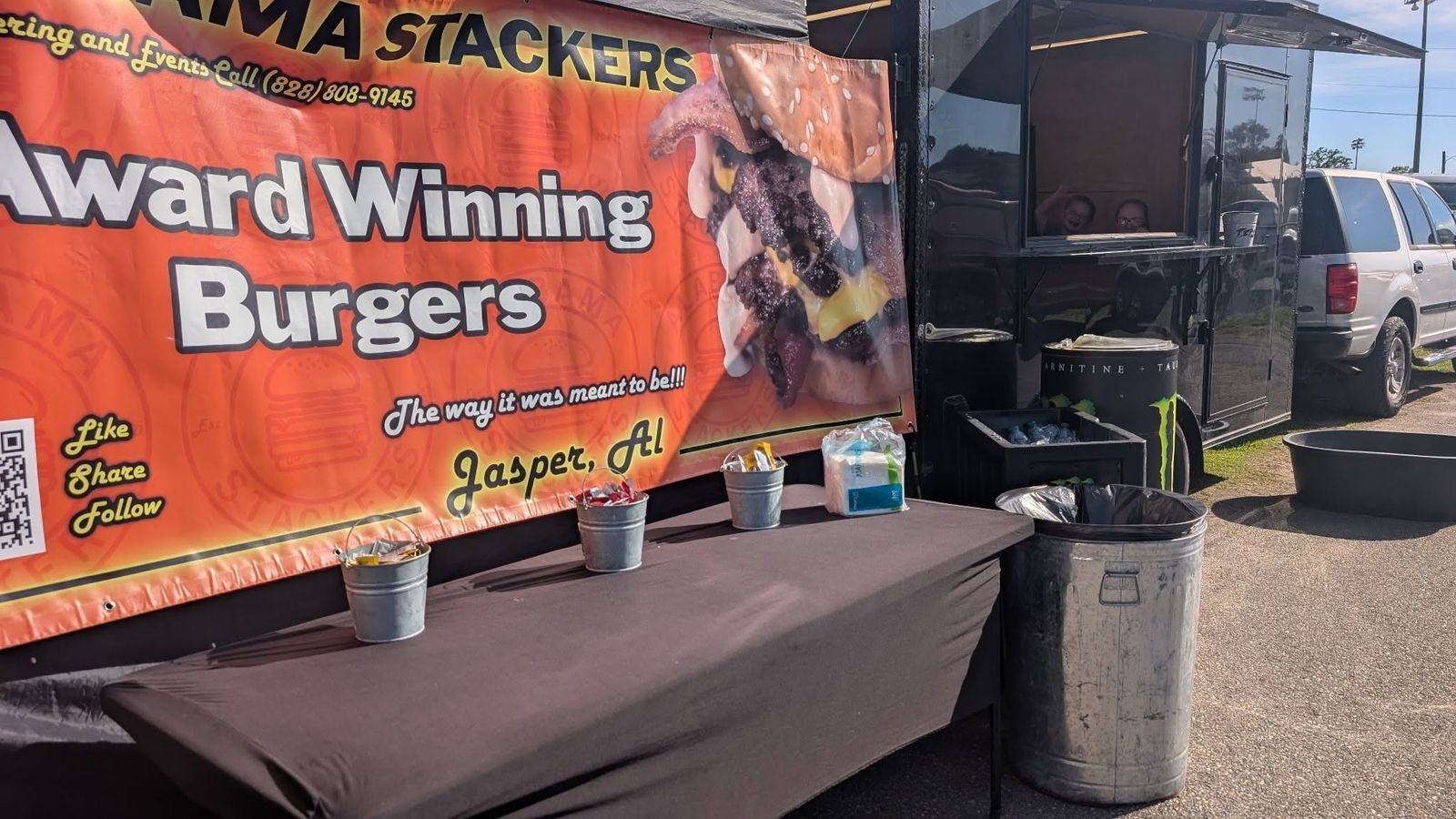 The Alabama Stackers Award Winning Burgers trailer set up at an event